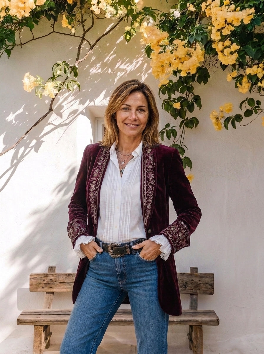 Sonia | Americana Larga de Terciopelo Bordada