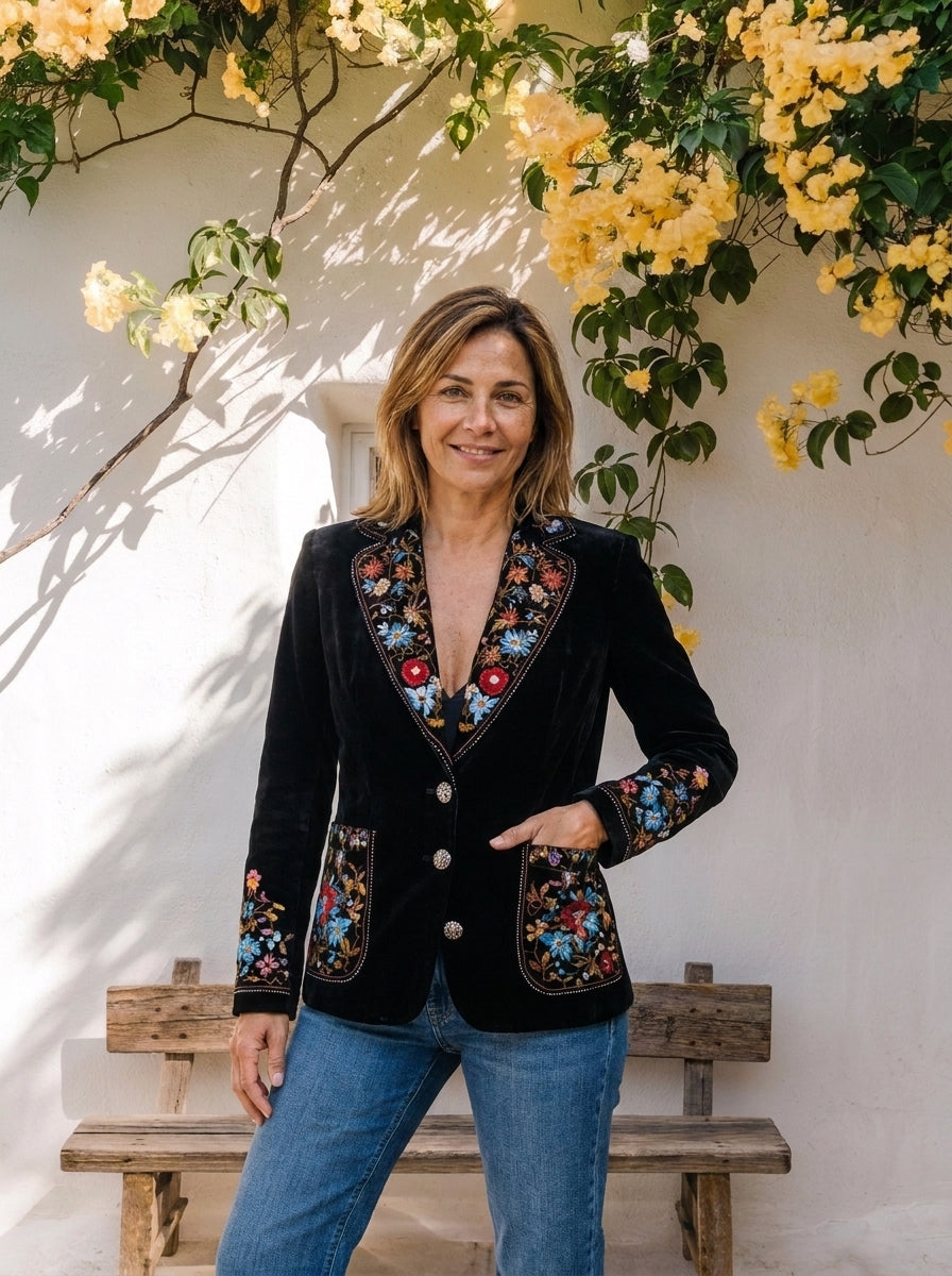 Sandra | Americana de Terciopelo con Flores Bordadas