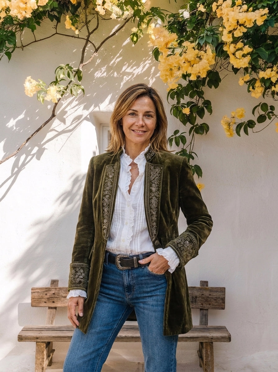 Sonia | Americana Larga de Terciopelo Bordada