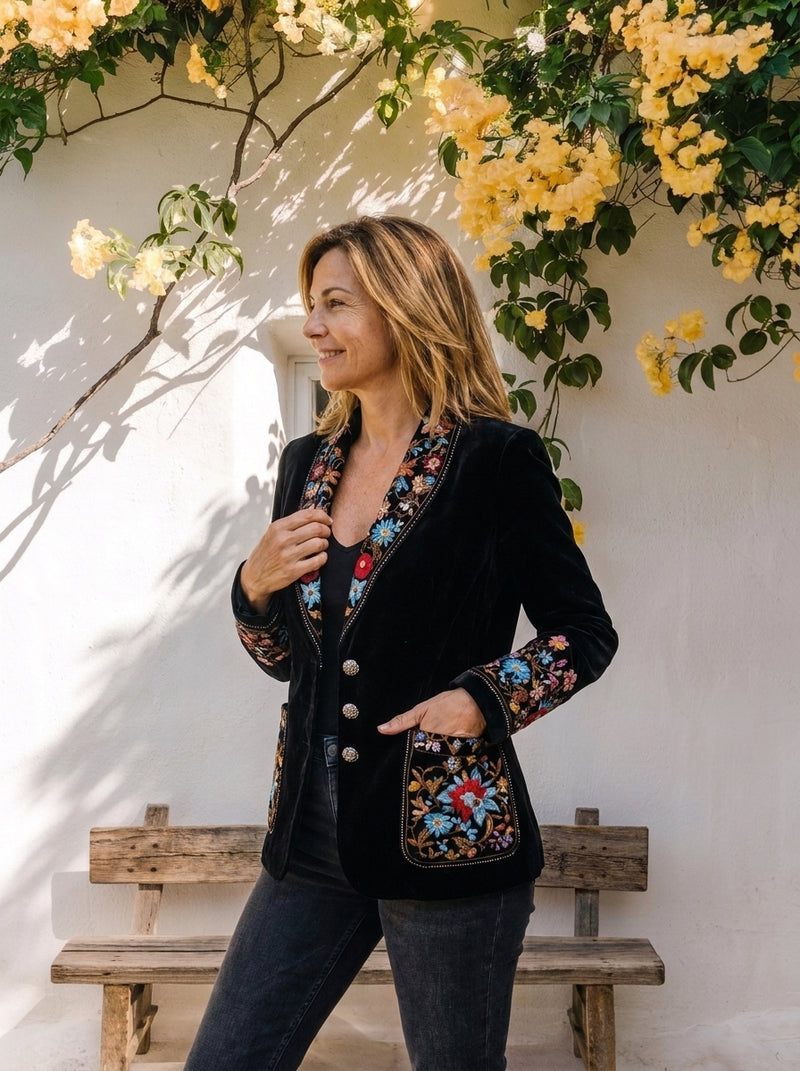 Sandra | Americana de Terciopelo con Flores Bordadas