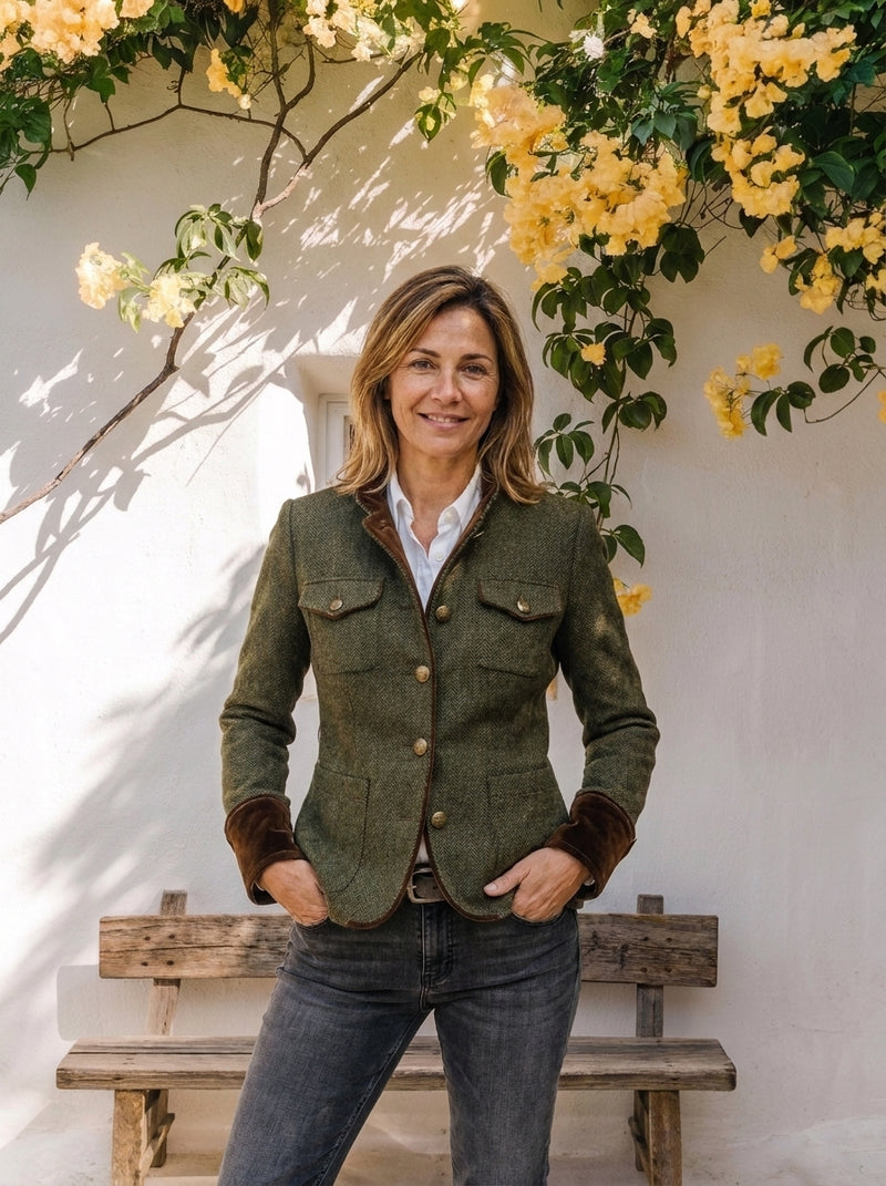 Miriam | Americana Espiga Verde Oliva con Puños de Terciopelo